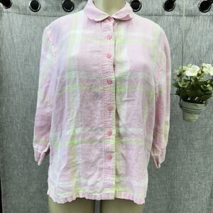 Goodclothes Women's 100% Linen Pink Plaid Button Up Shirt Long Sleeves Petite L